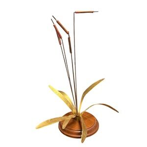 VTG Brutalist Cattail Plant Metal‎  Sculpture Wood Base Mid Century Modern decor